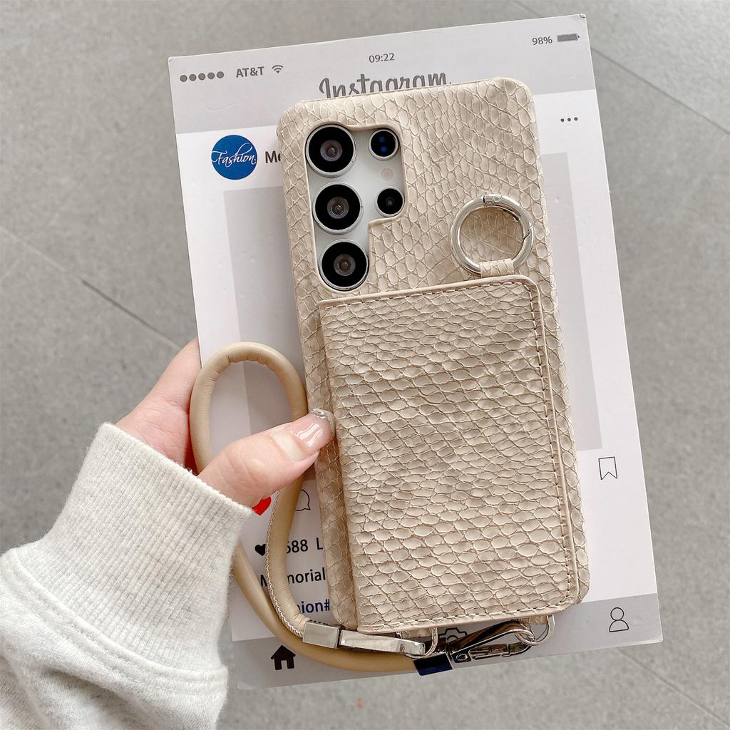 For Samsung Galaxy S24 Ultra Case Card Holder Mirror Snake Texture PU+PC Back Cover with Lanyard