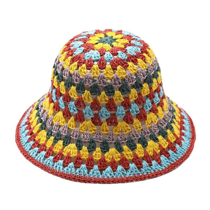 Color Dopamine Hollow Straw Hat Women's Summer Seaside Vacation Bucket Hat Sunshade Sunscreen Woven Hat