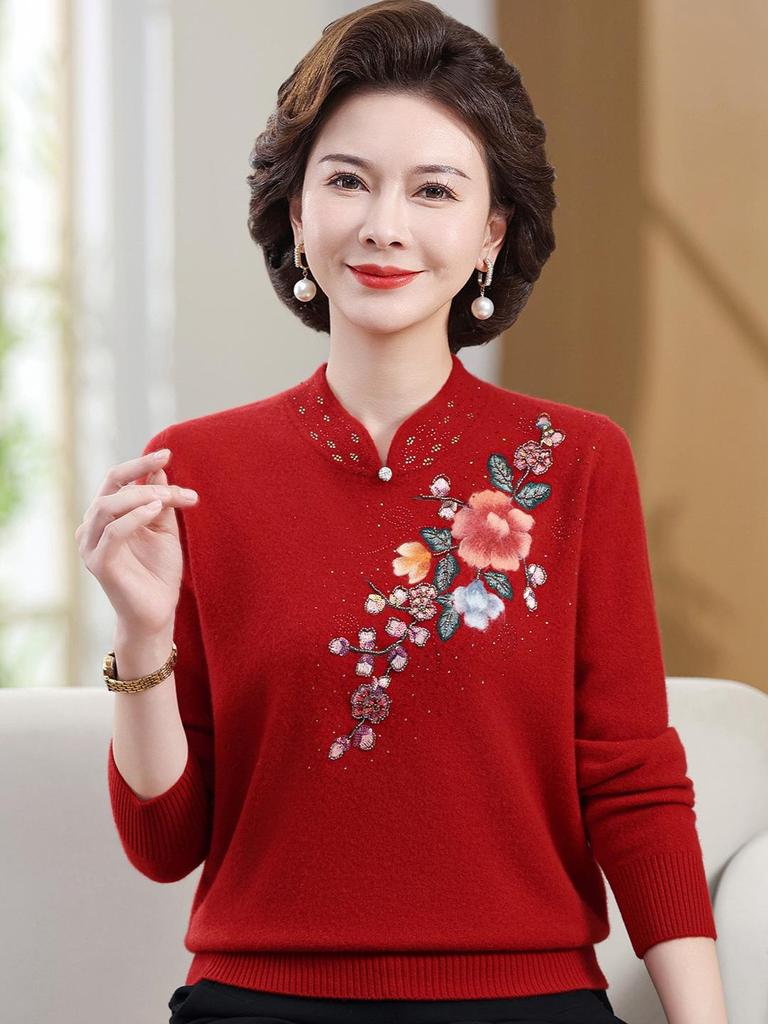Elegant Embroidered Wool Qipao Collar Sweater for Autumn/Winter