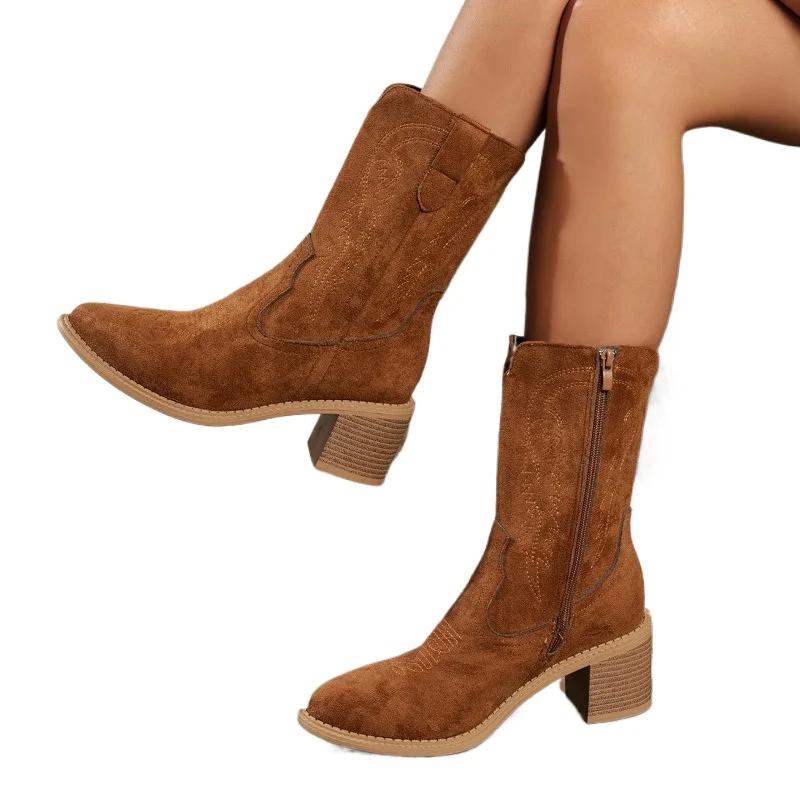 2025 Plus Size Women's Boots Retro Suede High Heel Ankle Boots Embroidery Side Zip Comfortable Autumn Western Boots Shoes Ladies