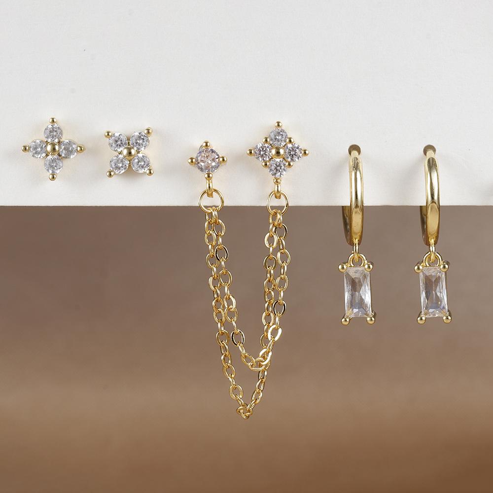 2PCS Stainless Steel December Birthday Stone Square Hanging Earrings Cubic Zirconia Chain Flower Dangle Earring Piercing Jewelry