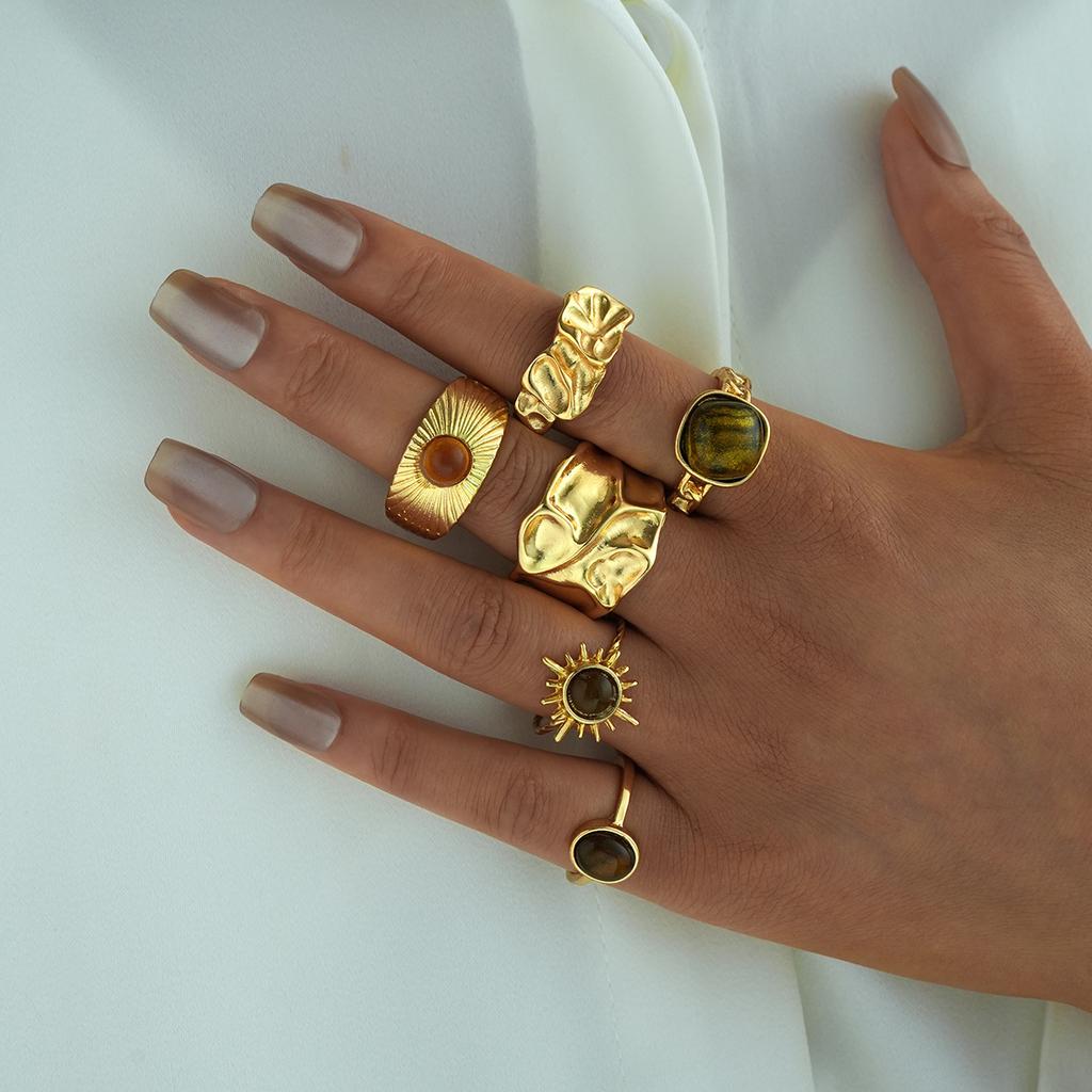 6Pcs/Set Geometric Irregular Oval Metal Rings for Women Men Fashion Retro Gold Color Finger Rings Vacation Jewelry Accessories