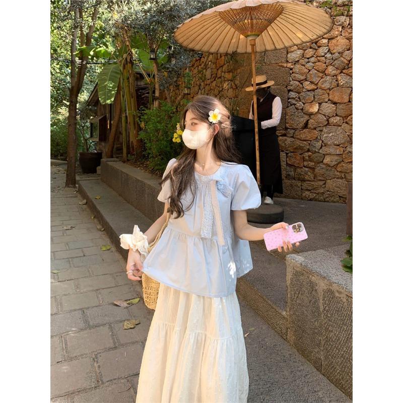 New White Bow Lace Puff Sleeve Shirt for Women Summer Design Pleated Strappy Shirt Women's Top Summer