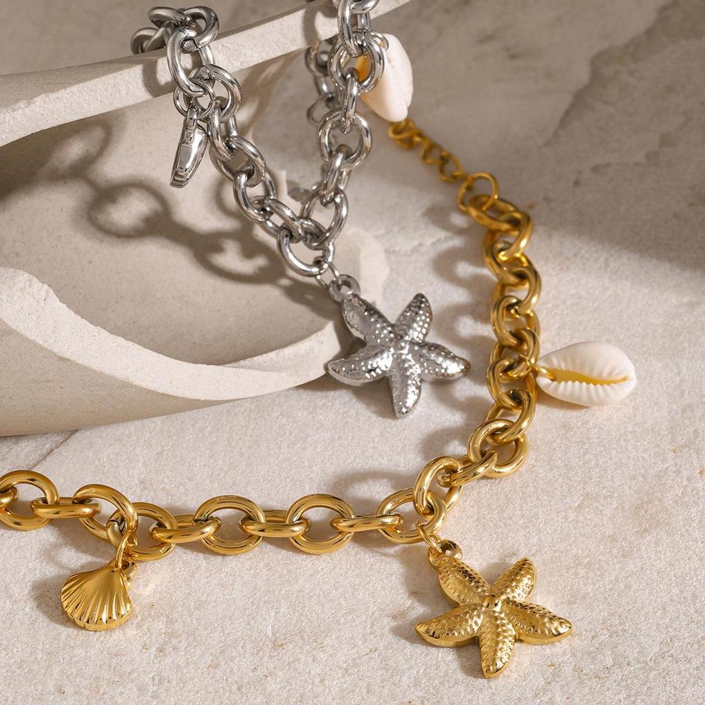 18k Gold Starfish Seashell Conch Bracelet - 2024 Summer Ocean Series Titanium Steel