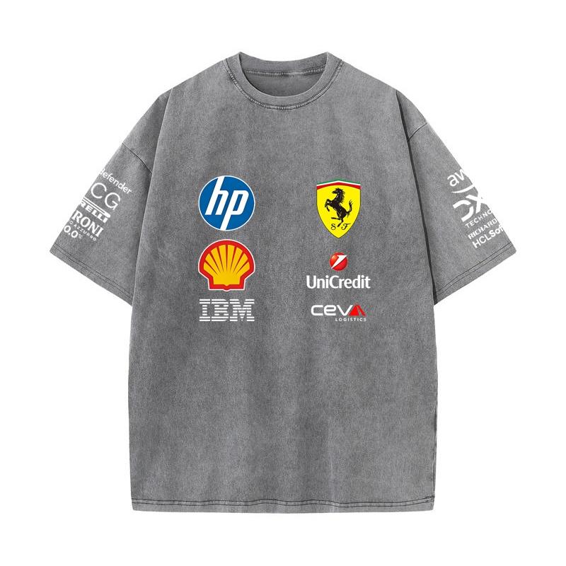 Vintage Washed Black Ferrari F1 Racing T Shirt Oversized Short Sleeve Tee Retro Motorsport Sponsor Logo Print Casual Streetwear Loose Top