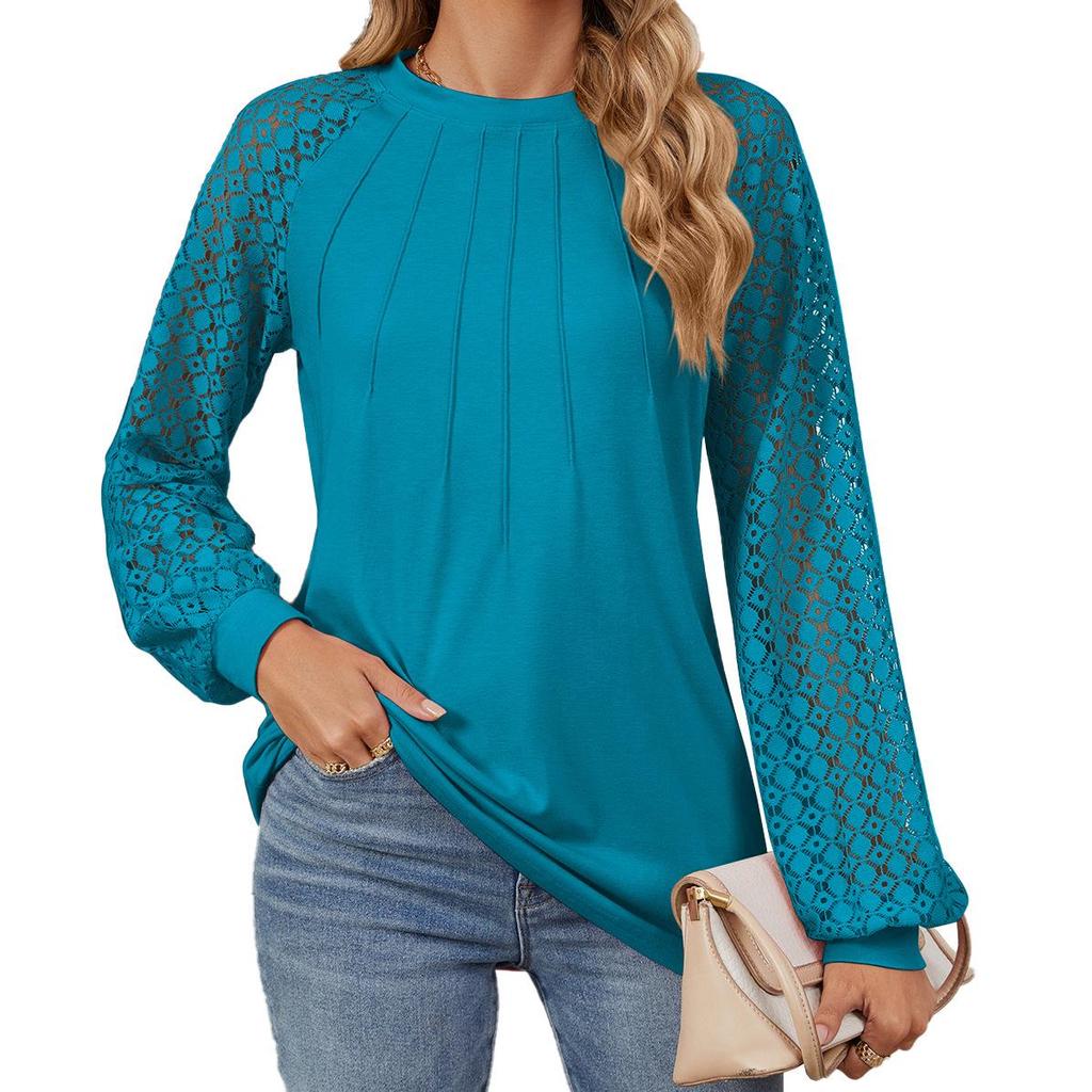 2024 Autumn/Winter Women's Lace Patchwork Round Neck Long Sleeve Loose T-Shirt