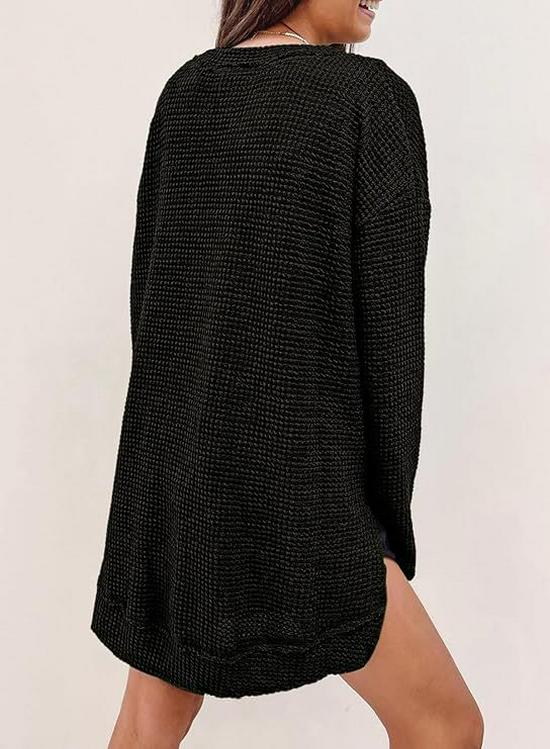 2025 European & American Waffle Knit Round Neck Long Sleeve Slit Solid Color Top for Women