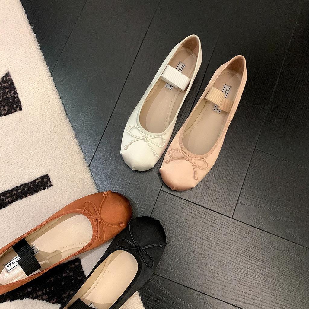Flat Single Shoes Women's 2025 Spring New Bow Ballet Shoes Retro Shallow Mouth French Mary Jane Shoes Ladyshoes