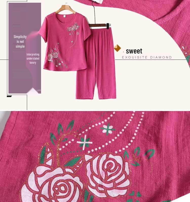 Senior Women's Cotton Linen Pajama Set: Short-Sleeved, Two-Piece Summer Outfit for Moms and Grandmas