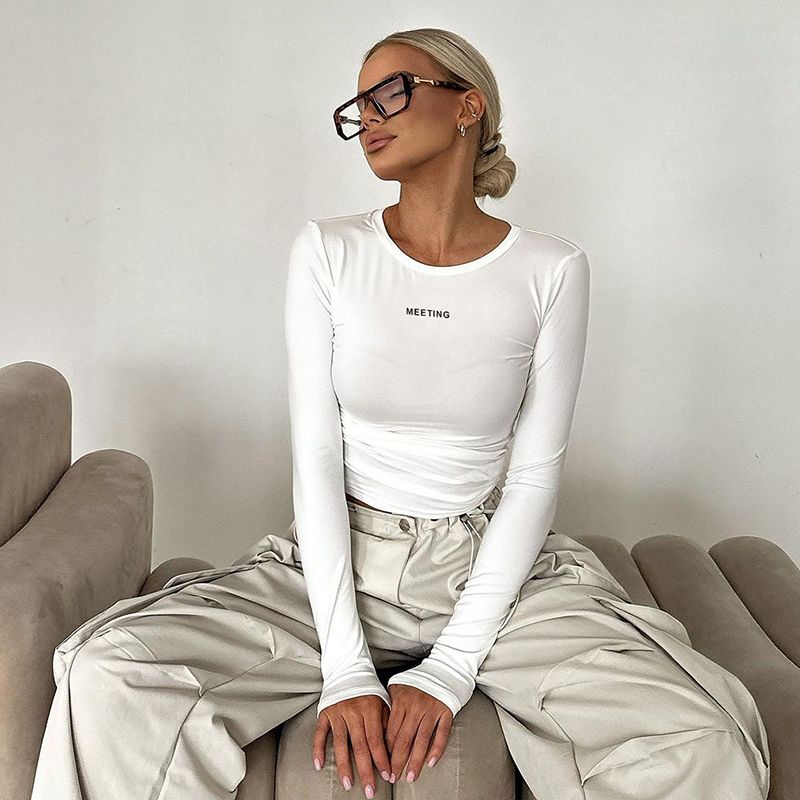 

Shemoda Autumn Letters Print round Neck, Slim-Fit, Long-Sleeved Base Tops Women s Pure Color Stretch High Waist All-Matching T-shirt White S