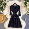 Retro commuter style V-neck knitted dress women's summer short-sleeved pleated skirt waist and thin A-shaped skirt with belt