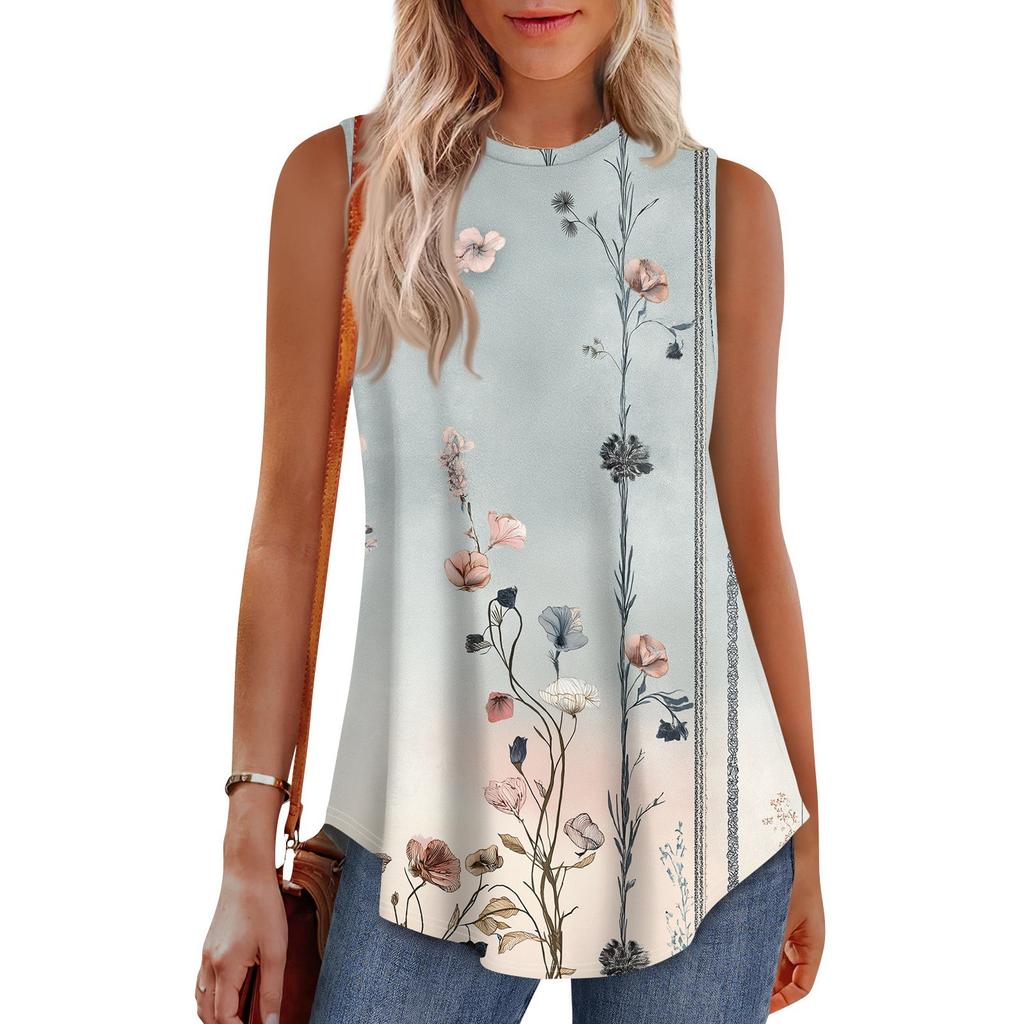 Women's Fashion Casual Sleeveless Vest Vintage Print Crew-neck Sleeveless Top