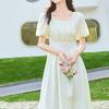 Goddess style French square collar printed waist cinching slimming and high-end pearl chain dress
