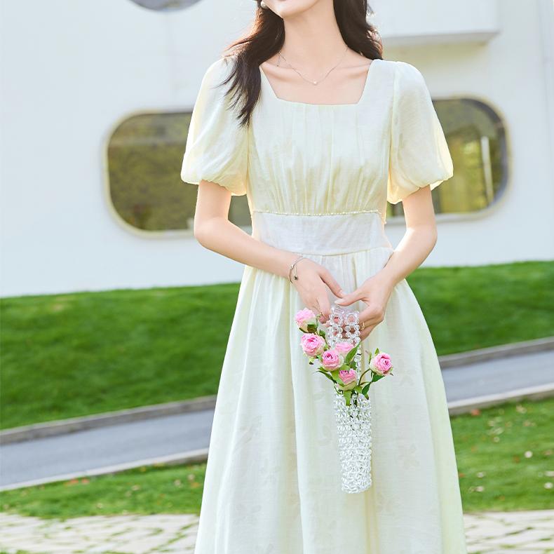 Goddess style French square collar printed waist cinching slimming and high-end pearl chain dress