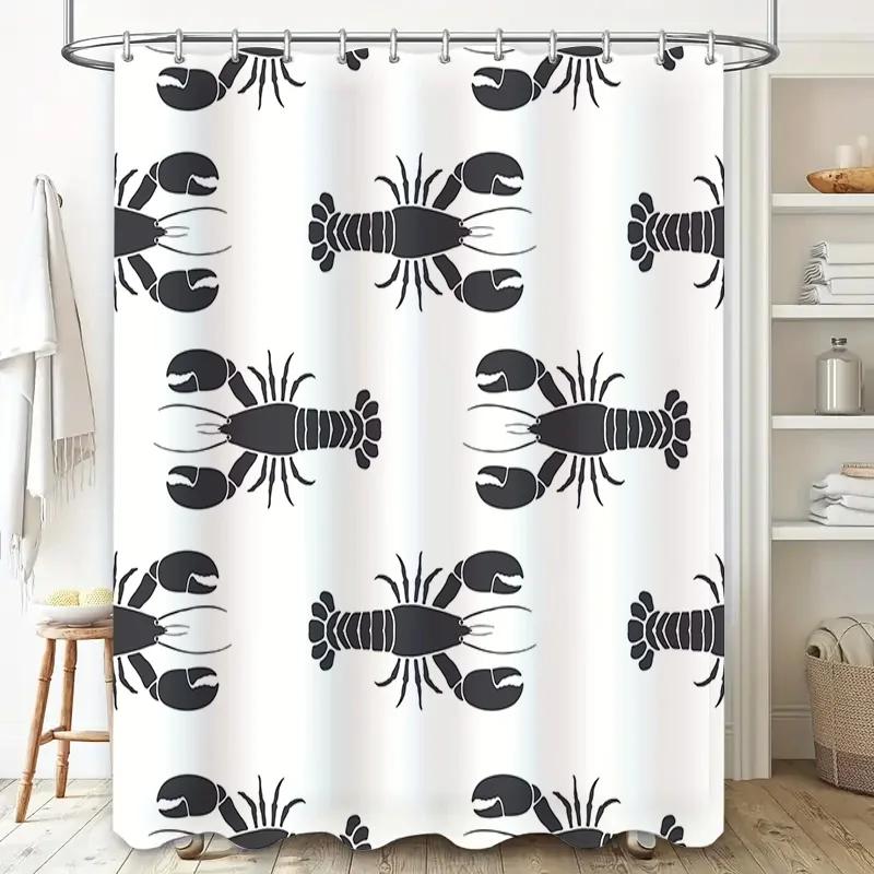 Whimsical Black Lobster Print Shower Curtain For Bathroom Decor White Fabric Waterproof Easy Install Shower Curtain Rings Includ