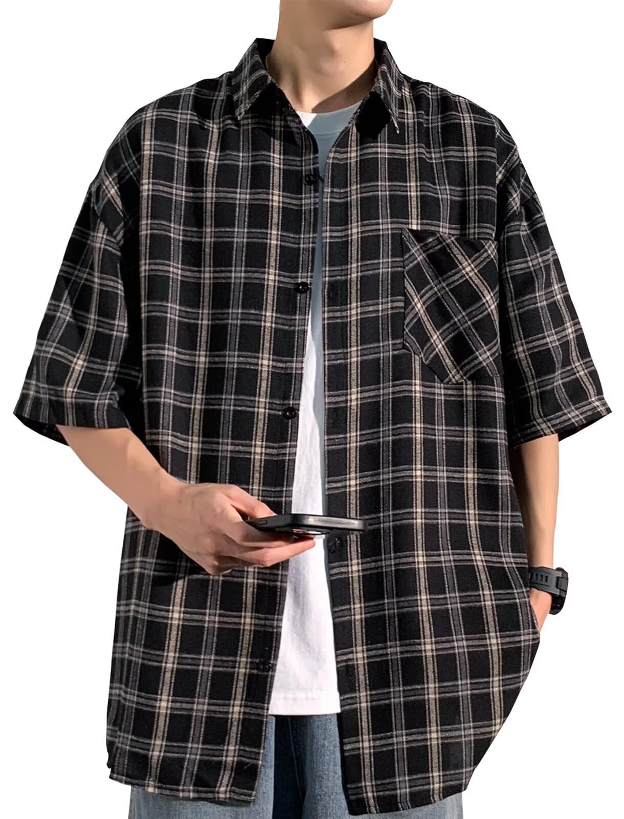 

Short Sleeve Shirt for Summer Dress Loose Large Quick Comfortable to the Checkered Drop Big Front [Bligo] Men, Clothes, Shirt, Casual, Fit, Size,
