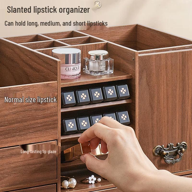 Large Wooden Cosmetic Storage Box with Mirror: Multifunctional Skincare and Lipstick Holder