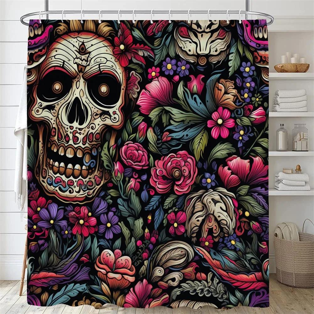

Personality Flowers And Horror Skeleton Skull Shower Curtain Polyster Fabric Home Decor Halloween Bathroom Curtain With Hooks W60H190(CM)-1 Pcs