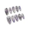 Almond Shape Press-On Nails With Matte Purple Ombre Cat Eye Design 3D Metallic Relief Gel Nail Tips Women