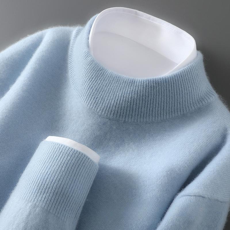Men's Pure Wool Cashmere Knit Pullover - Autumn/Winter Half-High Neck Sweater