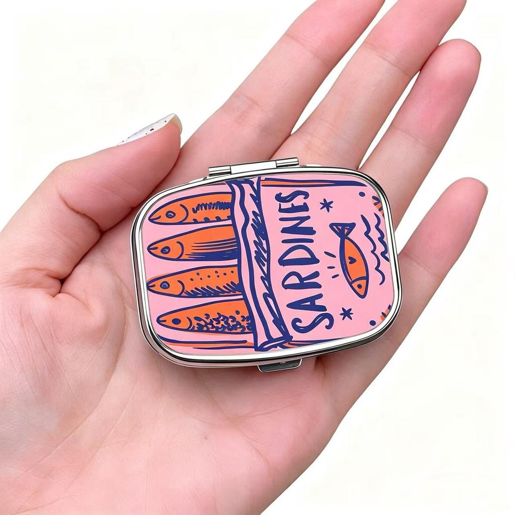 Cute Sardines Print Metal Pill Case, Portable 2-Compartment Mini Pill Organizer, Small Travel Medicine Box for Pocket & Purse