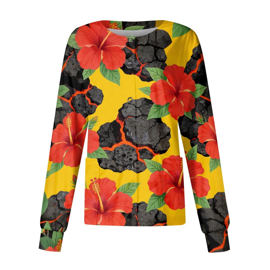 Women's Casual Long Sleeve Hawaiian Floral Print Single Button Scrub Cardigan Top for Uniform