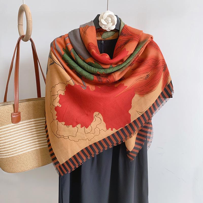 Literary Style Niche Plant Painting Pattern Square Scarf Fashion Trend Shawl Scarf