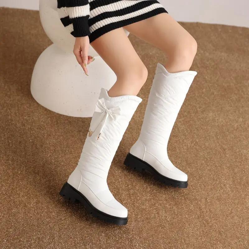 Winter Snow Shoes Round Toe Thick Heels 5cm Slip On Bowknot Waterproof Plush Warm Knee High Bota Big Size 43 44