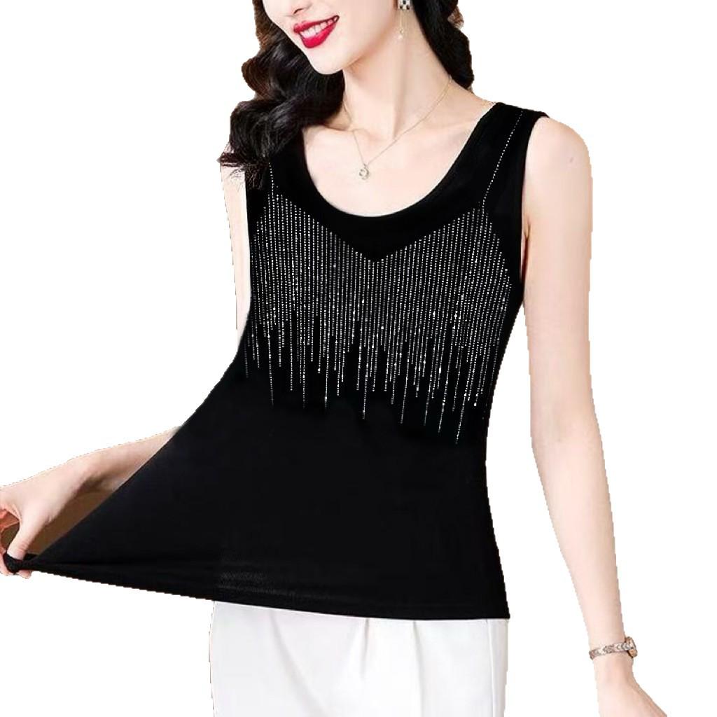 Black Sleeveless Fashionable Camisole for Women - Versatile Summer Top with Hot Drill Design