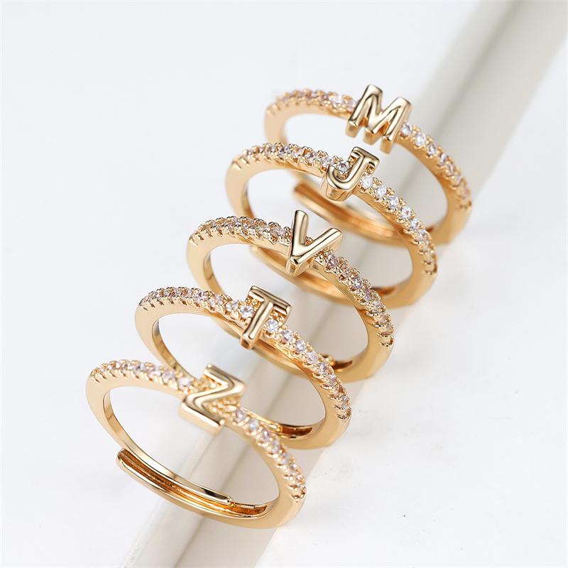 1 ks Zlatá barva 26 anglických písmen CZ Zirkonové otevírací prsteny Nastavitelné prsteny Šperky