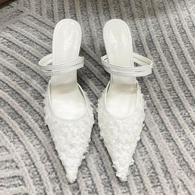 Flower Design Brand High Heel Pumps Women Sexy Pointed Toe Mesh Breathable Slippers Elegant Party Backless Dress Shoe Mule Shoes