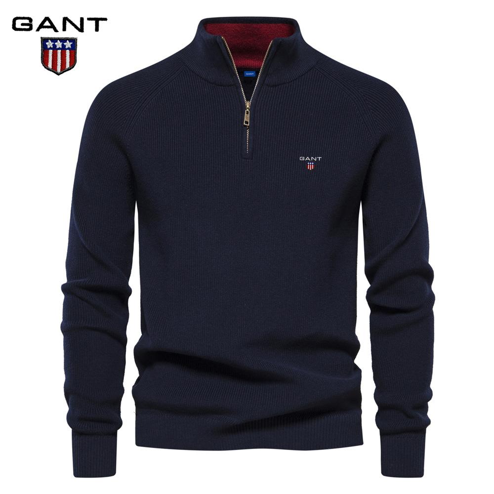 Gant Autumn and Winter Embroidery New Men's Semi Open Sweater Men's Long Sleeved Stand Up Collar Solid Color Versatile Casual Top
