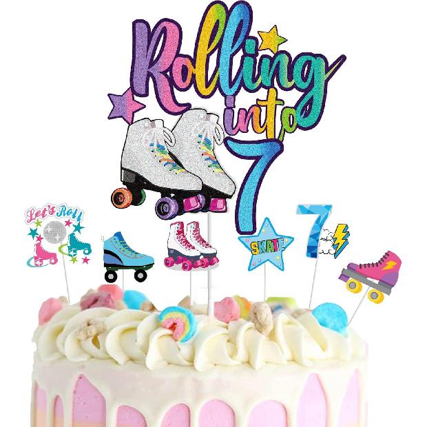 7Pcs Rolling Into 10 Theme Cake Toppers Sets Roller Skate Happy 10th Birthday Themed Set Cake Decoration Girls Club Rolling 10 Years Old Supplies