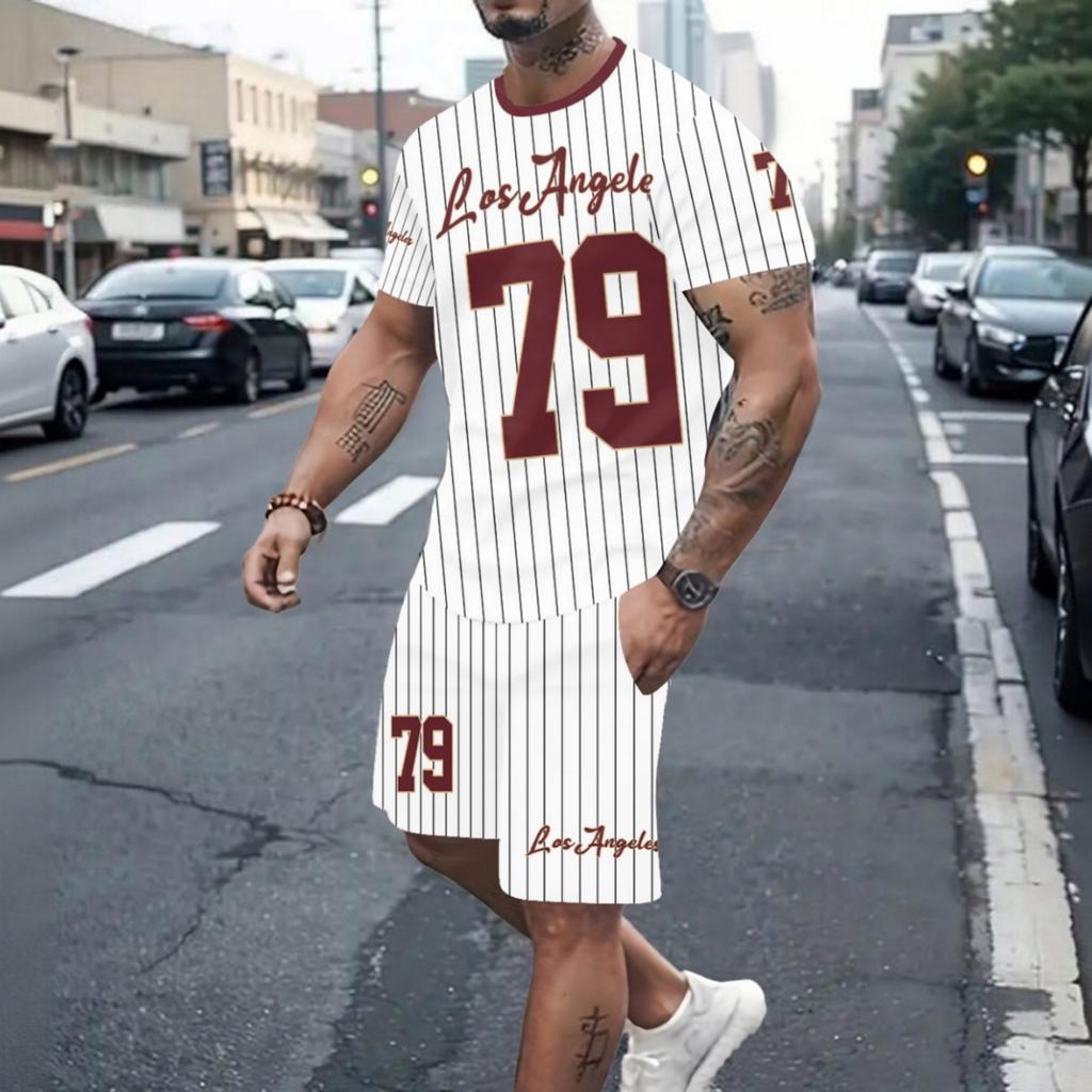 Men's suit casual round-neck short-sleeved pullover T-shirt with print sporty casual pants set