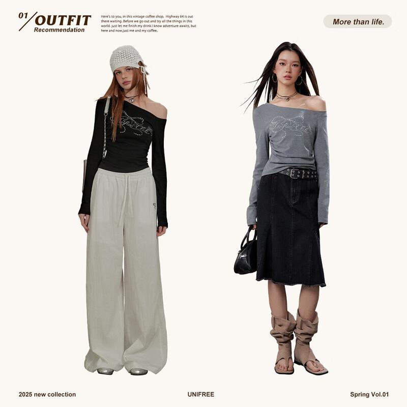 UNIFREE Y2K Oblique Shoulder Rhinestone Slim Fit Long Sleeve T-Shirt