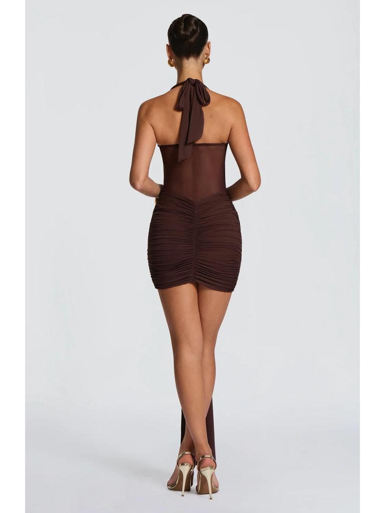 European & American Style Lace-Up Mesh Halter Patchwork Ribbon Bodycon Dress (2026 Summer Collection)