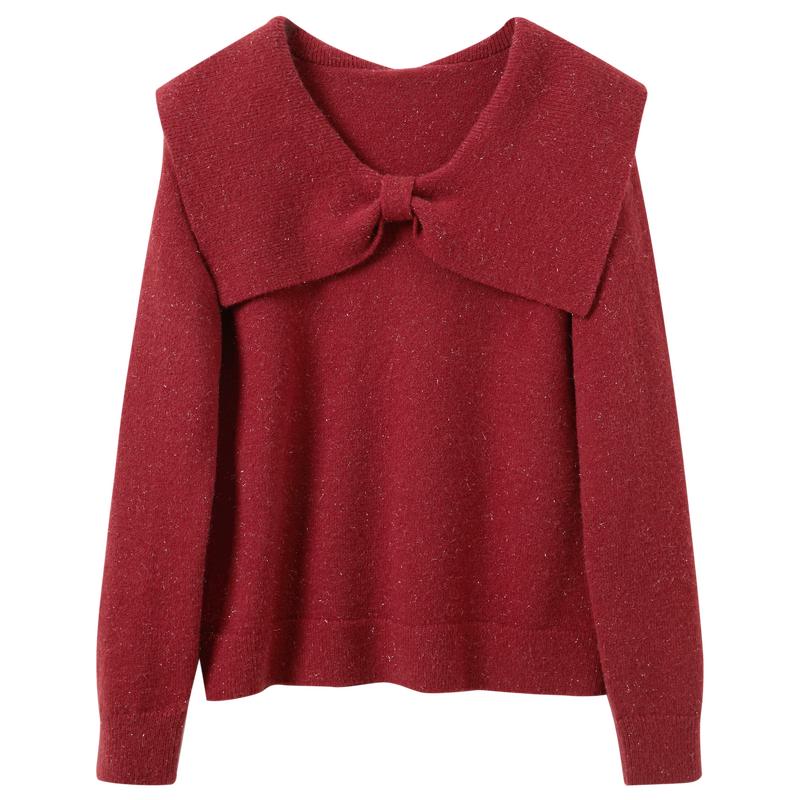 Sancai Plus Size Women s New Year Red Bow Lapel Knit Sweater XL