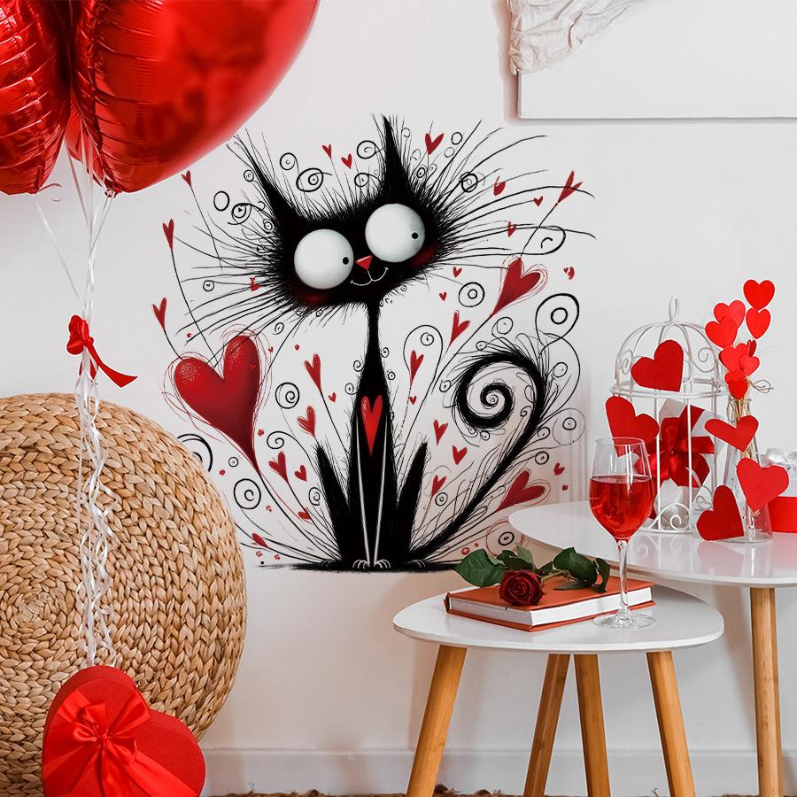 Funny Creative Fluffy Black Cat with Heart Valentine‘s Day Wall Stickers, Hand-drawn Style Self-Adhesive Decor for Home Decoration