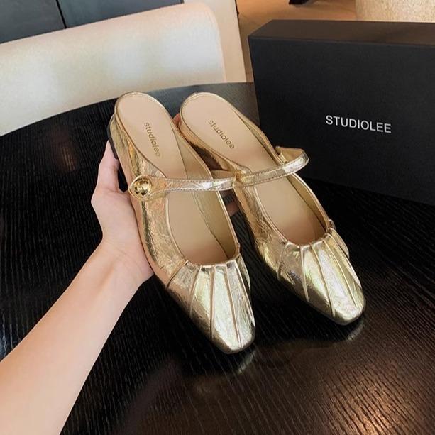 Grape mother of the same style, temperament small square head folds, word with shallow mouth Mary Jane single shoes bag head half drag sandals women