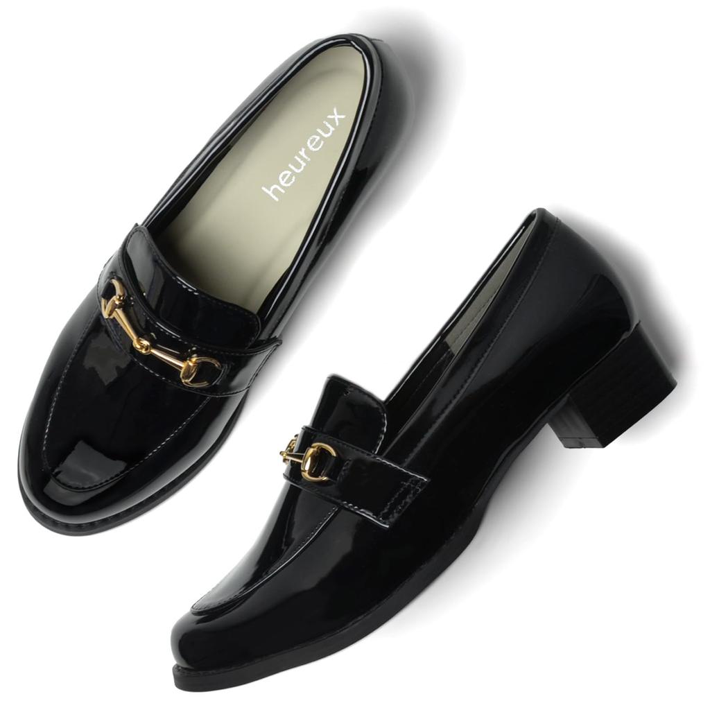 Heureux Bit Loafers with a Soft Easy To Walk Patent Black Women's Pump-Style 3.5cm Heel, Cushioning, In, Leather, Waterproof,