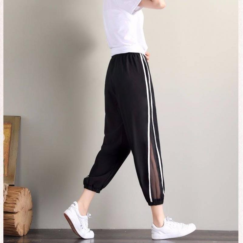 Women's Summer Wide Legged Pants with High Waist and Dropping Feeling Long Pants, Small and Slim, Tight Feet Mesh Sports Thin Pants