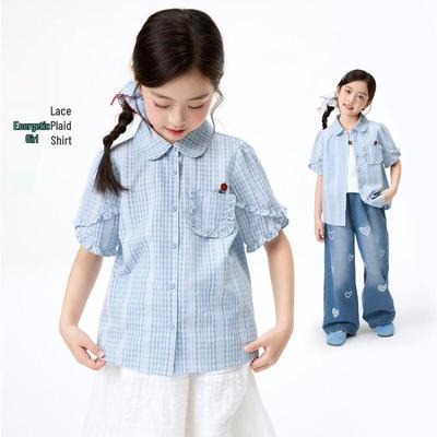 Girl's Casual Plaid Shirt with Ruffle Cuffs