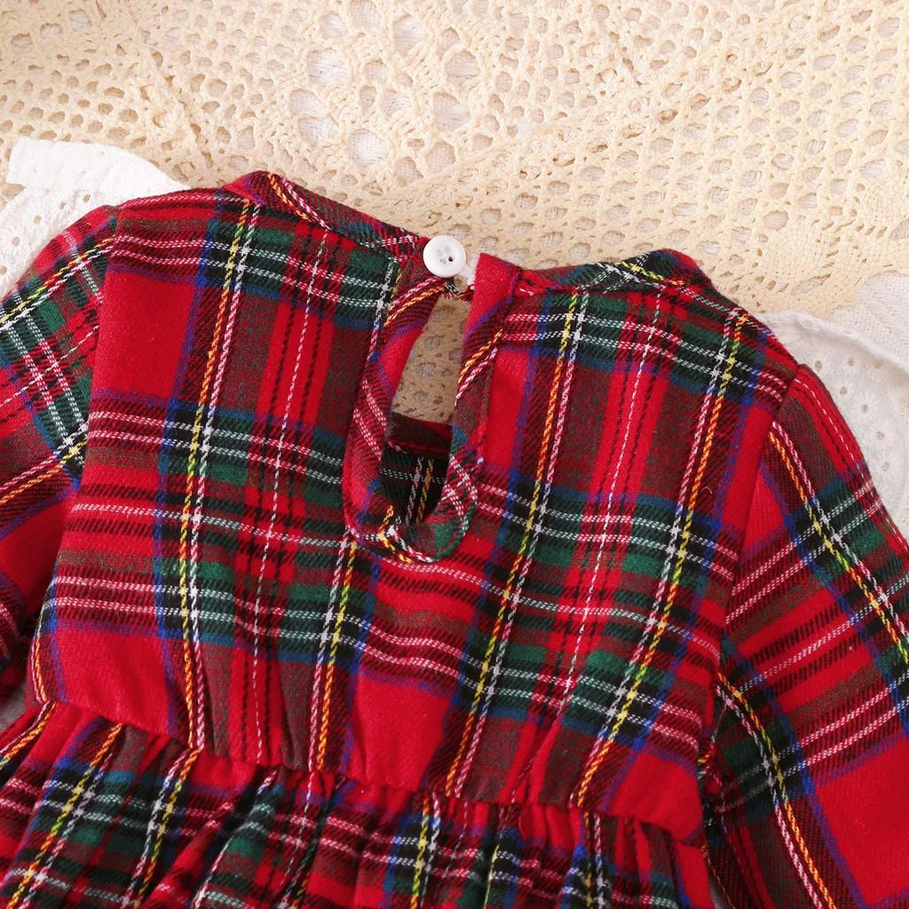 0-18 Mesi Bimba Natale 2 Pezzi Set Vestito a Manica Lunga a Quadri Rossi Fascia con Pizzo e Volant Autunno Abito Principessa Neonato Completo