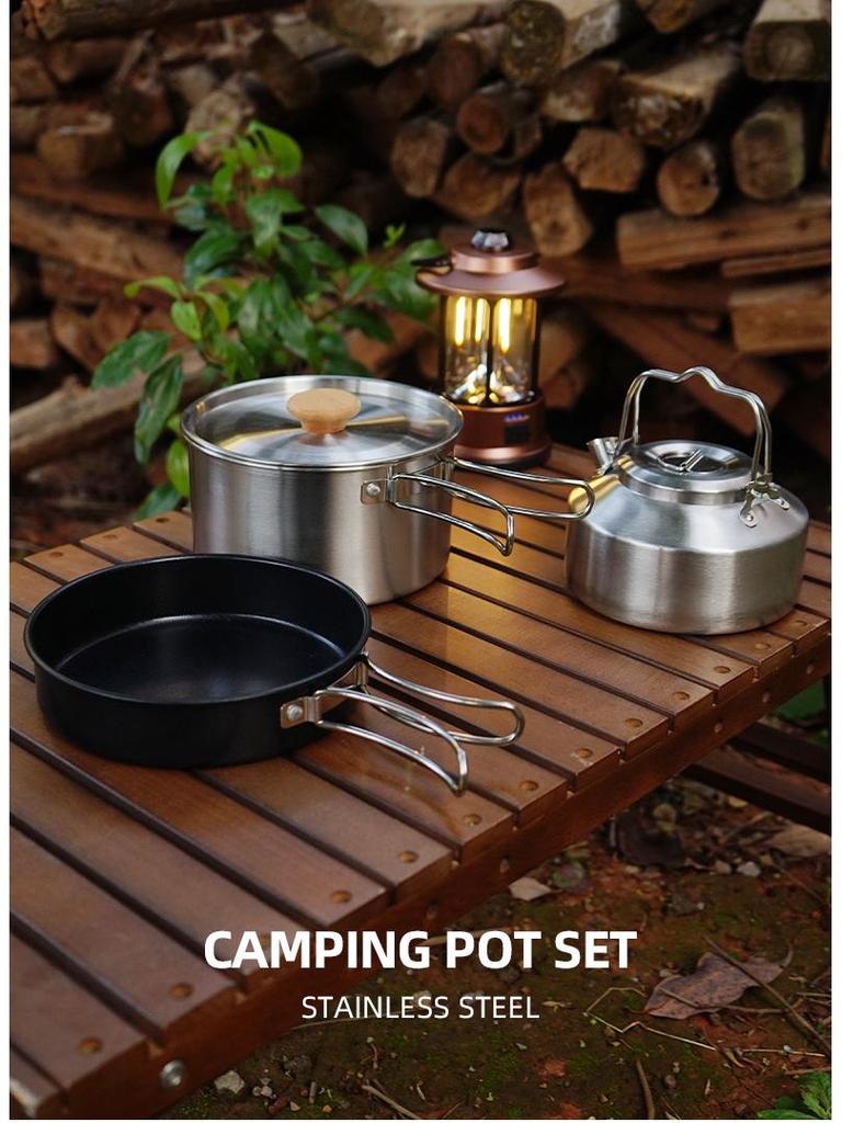 CLS Outdoor 4-teiliges Camping-Kochgeschirrset aus Edelstahl mit Antihaft-Bratpfanne und Suppentopf.