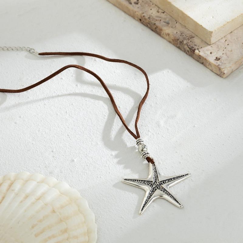 Bohemian Metal Starfish Conch Pendant Necklace for Women Ethnic Ocean Style Rope Necklace Summer Beach Holiday Jewelry