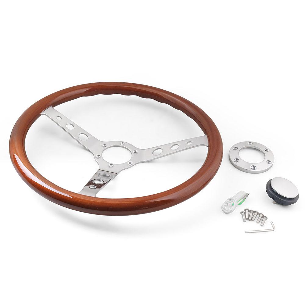 15"/ 380mm Vintage Classic Solid Wood  Steering Wheel  Stainless Steel Spokes w/ Horn Button