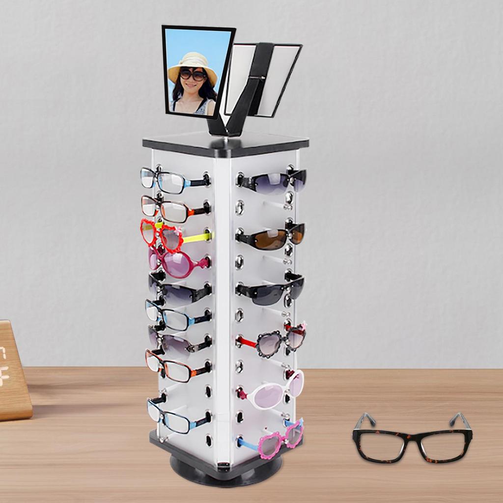 360° Rotating Eyeglasses Display Stand - 44-Pair Capacity,  Aluminum Composite & Wood Construction, Silver/Black - with Adjustable Mirrors