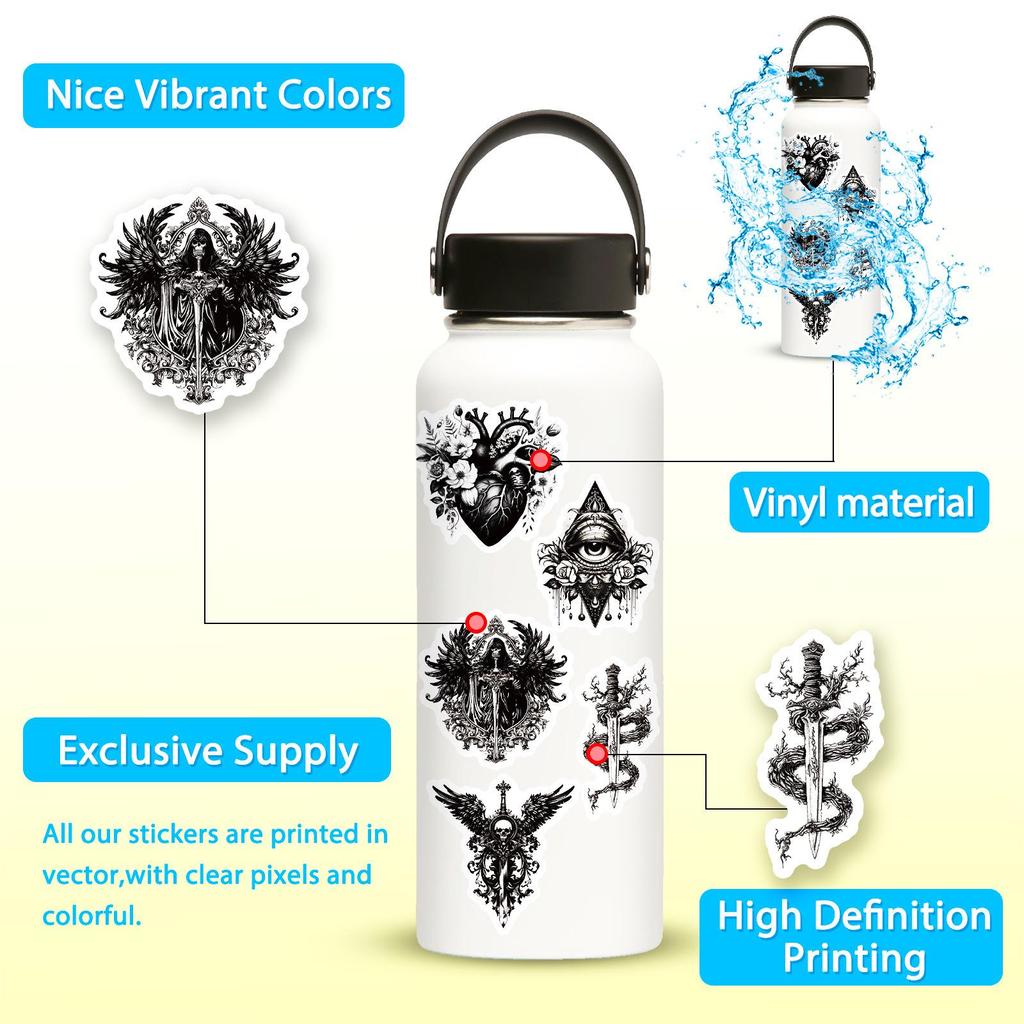 50pcs Gothic Skull Stickers: Black & White, Waterproof, Cool Horror Fashion