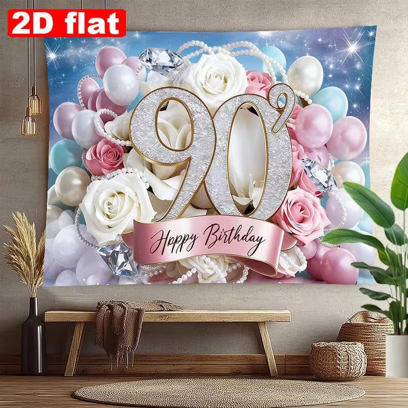 2D 90 Years Old Birthday Backdrop Sweet Pastel Flower Balloon Theme Party Photo Booth Background