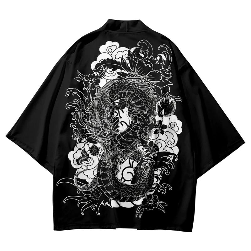 Dragon Print Loose Cardigan for Men and Women Japanese Streetwear Harajuku Haori Kimono, Cosplay Top Shirts